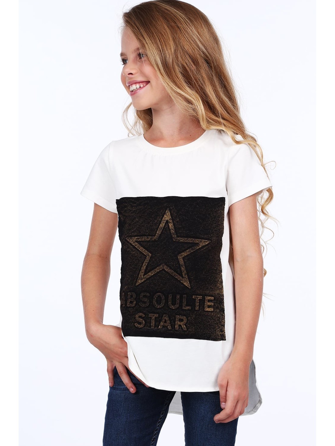 Mädchen-T-Shirt mit längerem Rücken, Creme, NDZ8209 – Online-Shop – Boutique